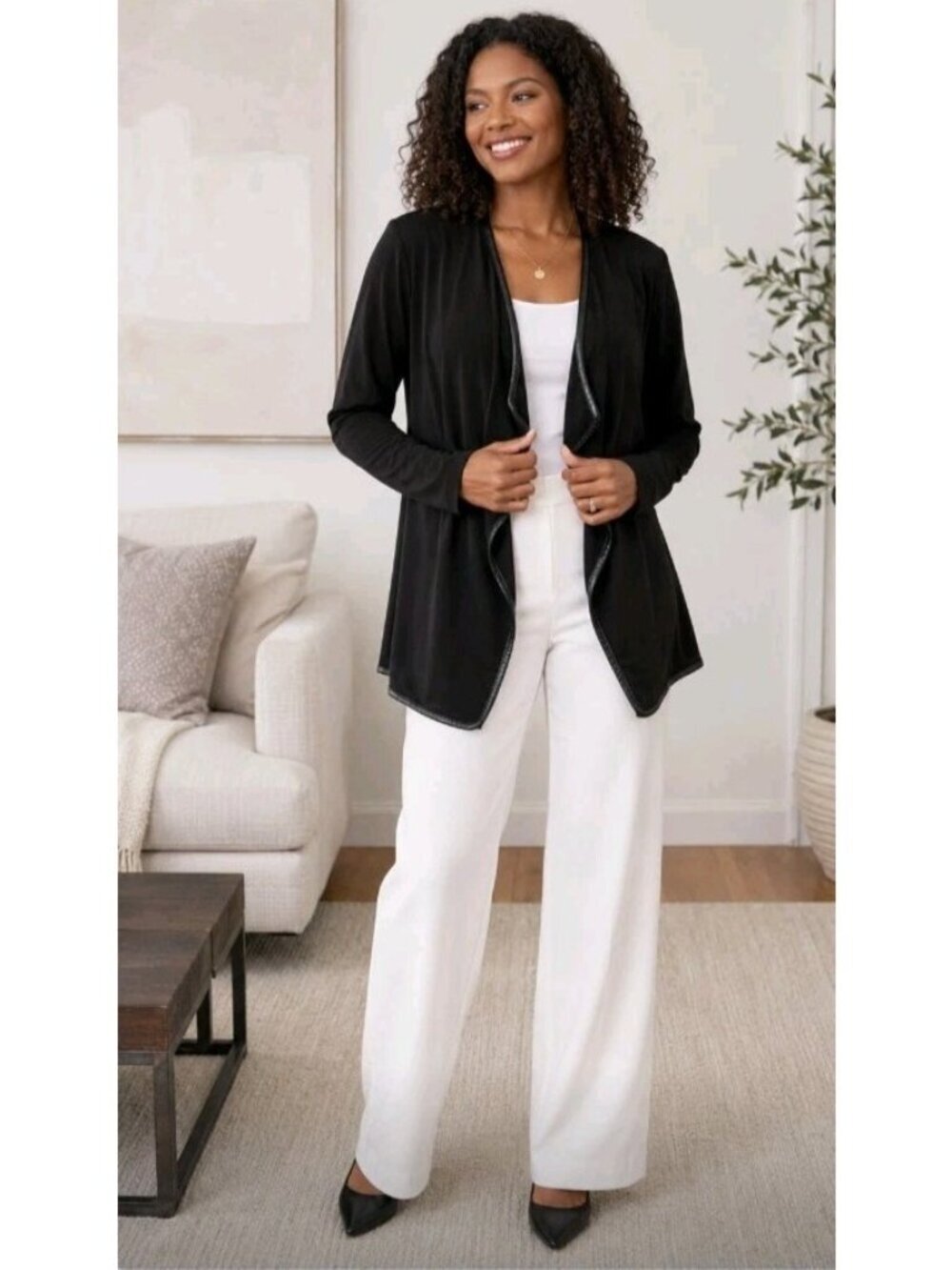 New Iris Setlakwe Open Ruffle Jacket Slinky Stretch Boutique Leather Trim Vtg XL
